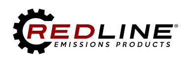 Redline Emissions Products logo featuring a black gear icon encircling the red letters RED next to black LINE text.