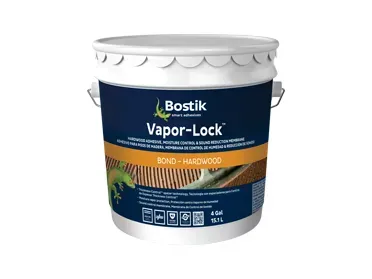 A bucket of bostik vapor lock hardwood adhesive on a white background.