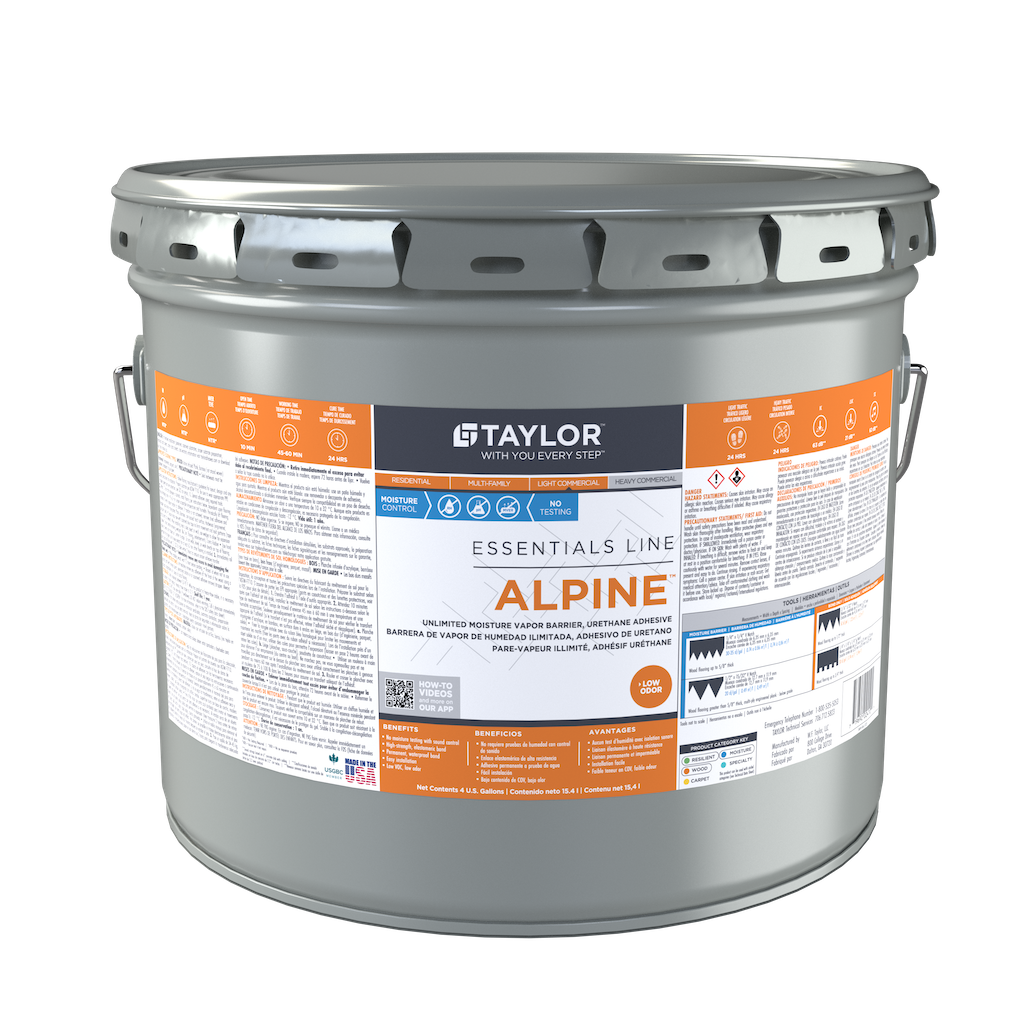 A bucket of taylor alpine paint on a white background.