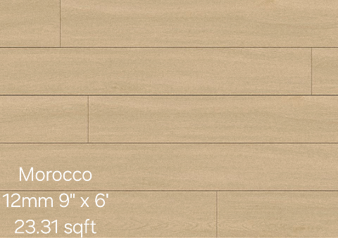 Light beige wood flooring, labeled Morocco, 12mm x 9 x 6 with 23.31 sqft coverage.