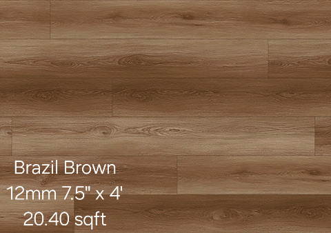 Brazil Brown wood-look flooring sample. Brown and tan planks are horizontally arranged. Text notes size and square footage.