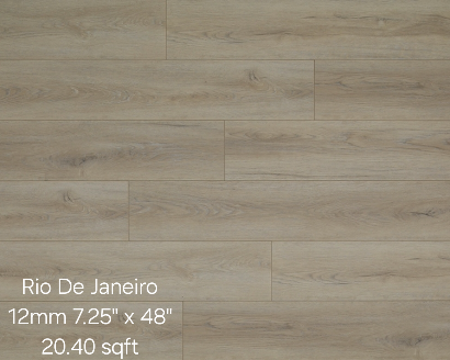 Light-colored, wood-look flooring, labeled Rio De Janeiro, 12mm 7.25 x 48, 20.40 sqft.