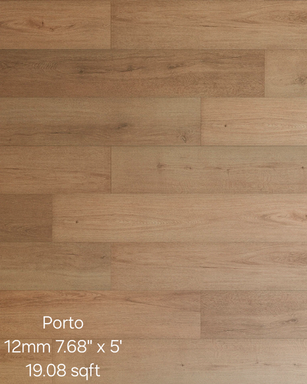 Wooden flooring sample: Light brown planks with a Porto label, dimensions 12mm x 7.68 x 5, 19.08 sqft.