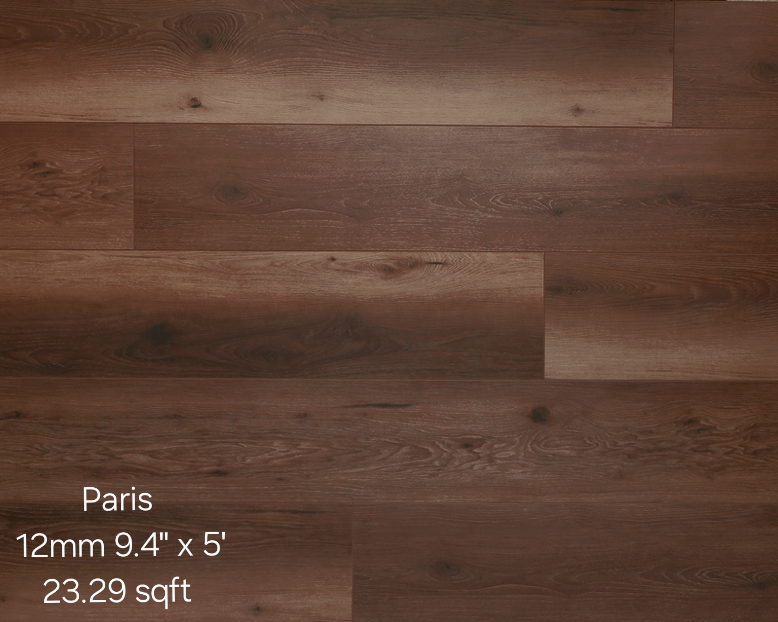 Brown wood flooring labeled Paris with dimensions and square footage.