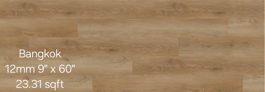 Wood flooring with the text Bangkok 12mm 9 x 60 23.31 sqft.