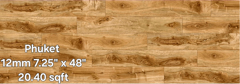 Wooden floor with Phuket text, specifications of 12mm x 7.25 x 48 planks, and 20.40 sqft coverage.