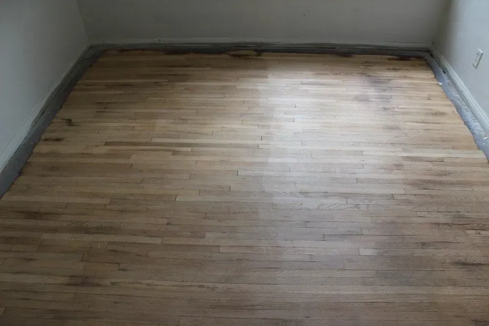 A room with a wooden floor and white walls.