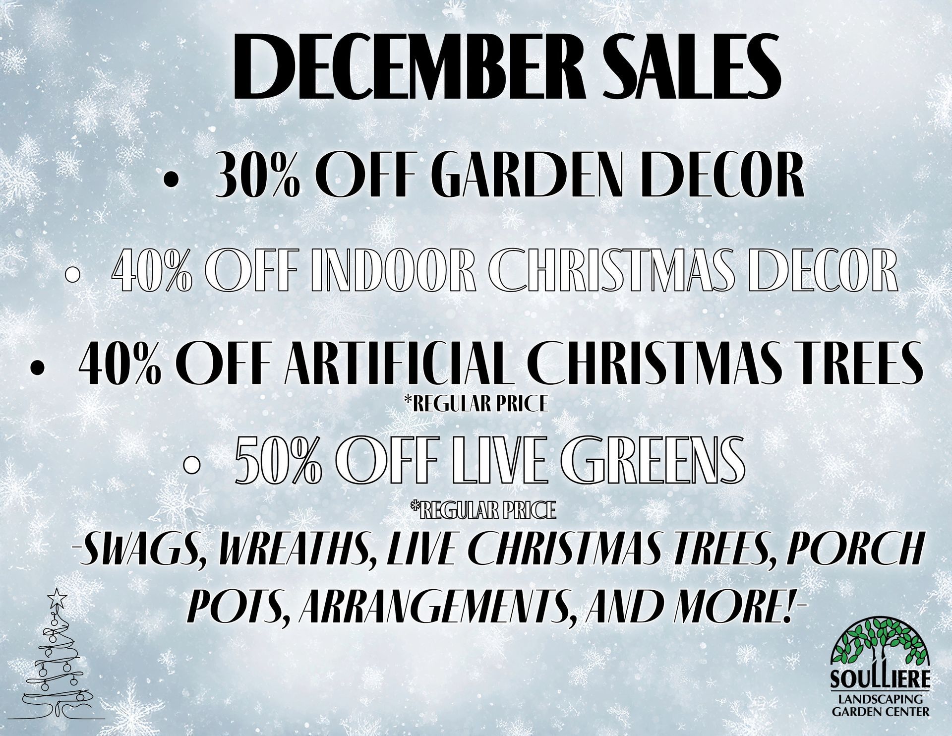 Santa Claus in red suit, seated, smiling. Event announcement: Santa coming to Soulliere Saturday, December 13th, 11 AM - 1 PM.