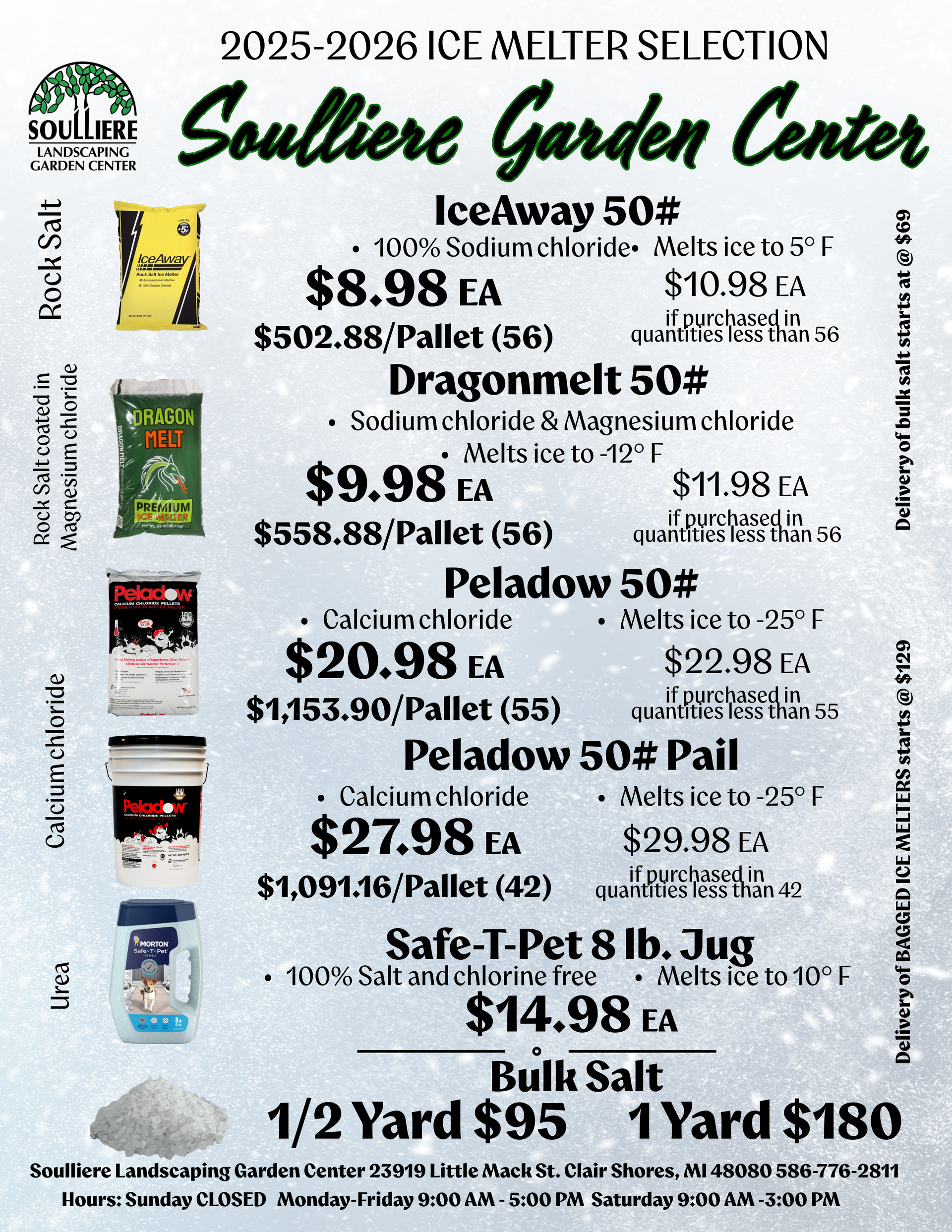Ice melter selection flyer from Soulliere Garden Center, prices for different types of salt.