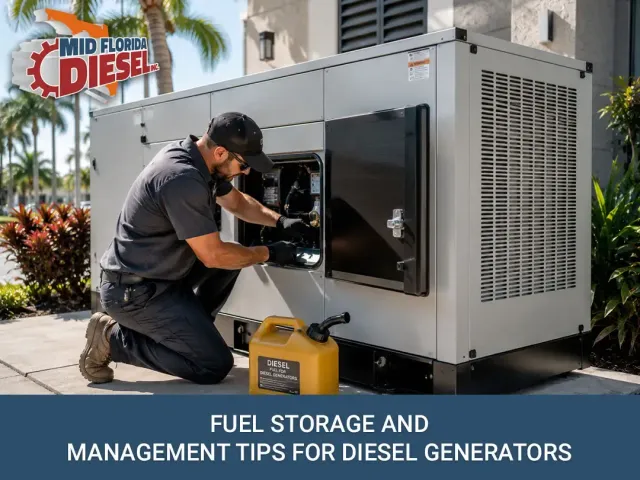 Technician kneels beside a fuel storage and management generator system, inspecting the open panel outdoors.