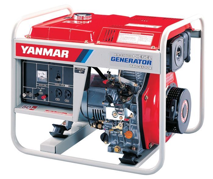 Red Yanmar portable generator with white frame and control panel on the left