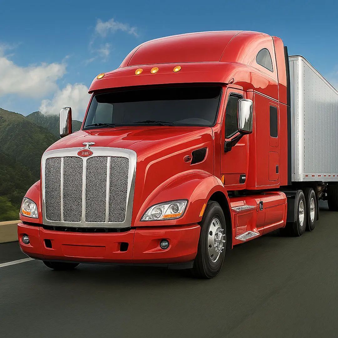 Red semi-truck driving on a highway under a blue sky