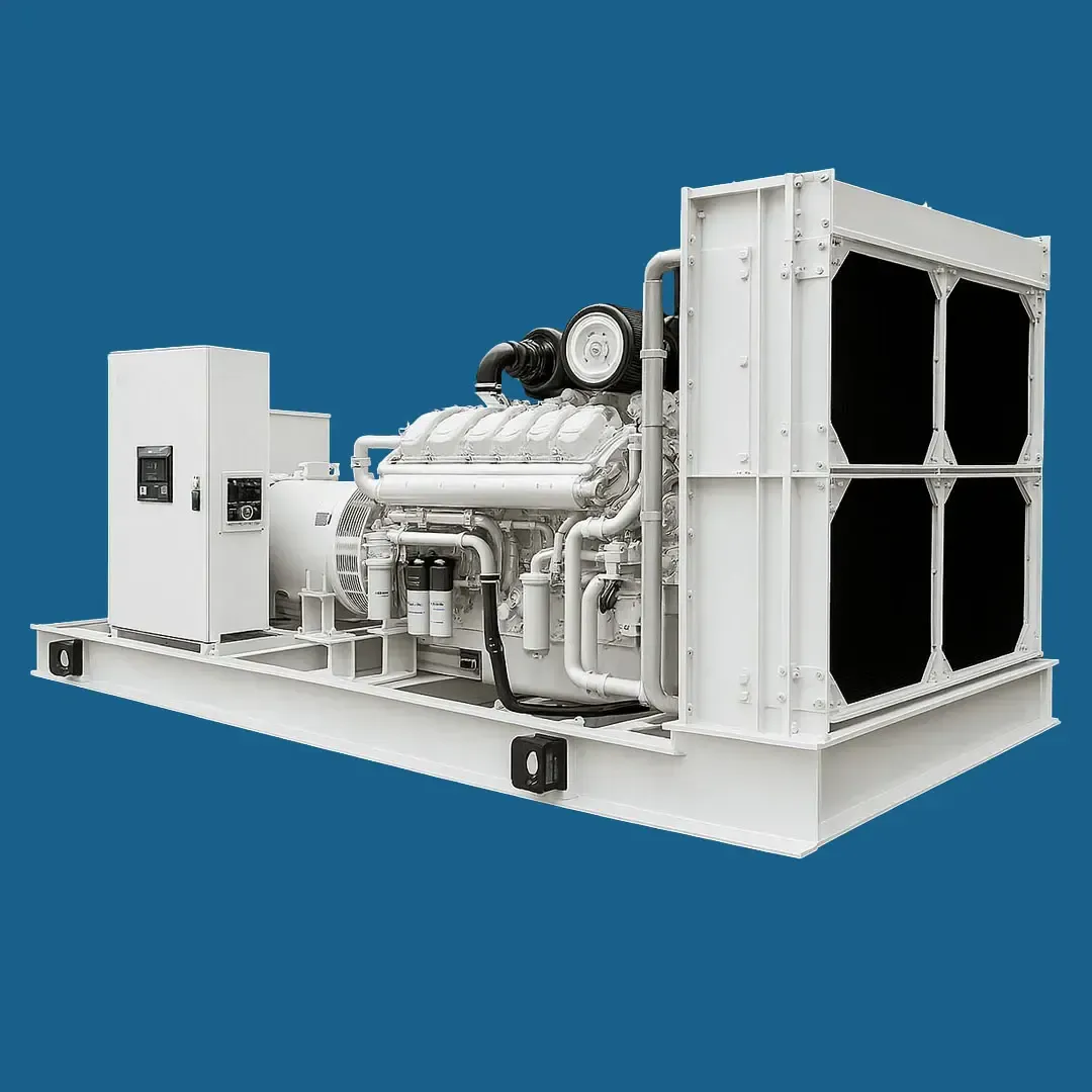 Industrial generator set in white enclosure on blue background