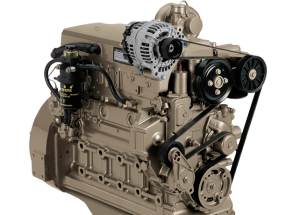 Beige diesel engine with silver alternator and black belts on a white background