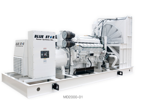 Large industrial diesel generator set in white housing with exposed engine components and cooling fan