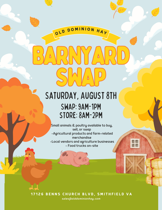 Barnyard Swap flyer with barn, animals, and autumn trees; Saturday, August 8th, 9AM–1PM, store 8 AM - 2 PM.