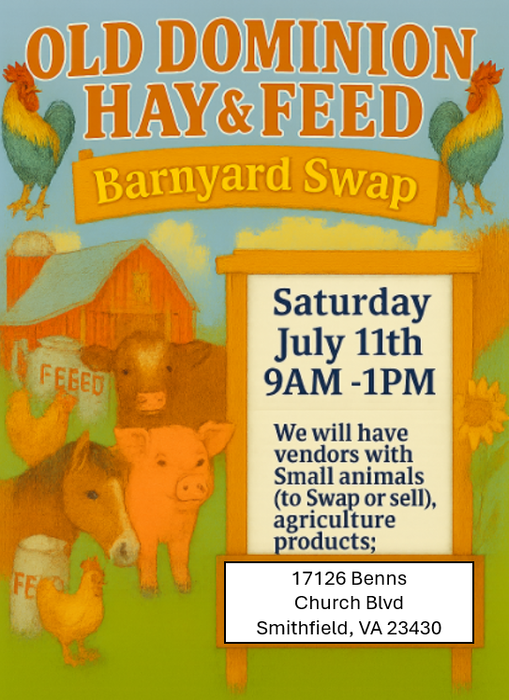 Old Dominion Hay & Feed Barnyard Swap poster with goat, pig, chicken, chicks, and event details in orange and teal