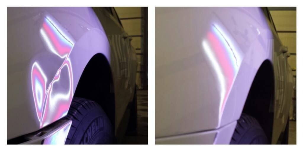Close-up of a car fender with pink and blue reflections in a side-by-side comparison.