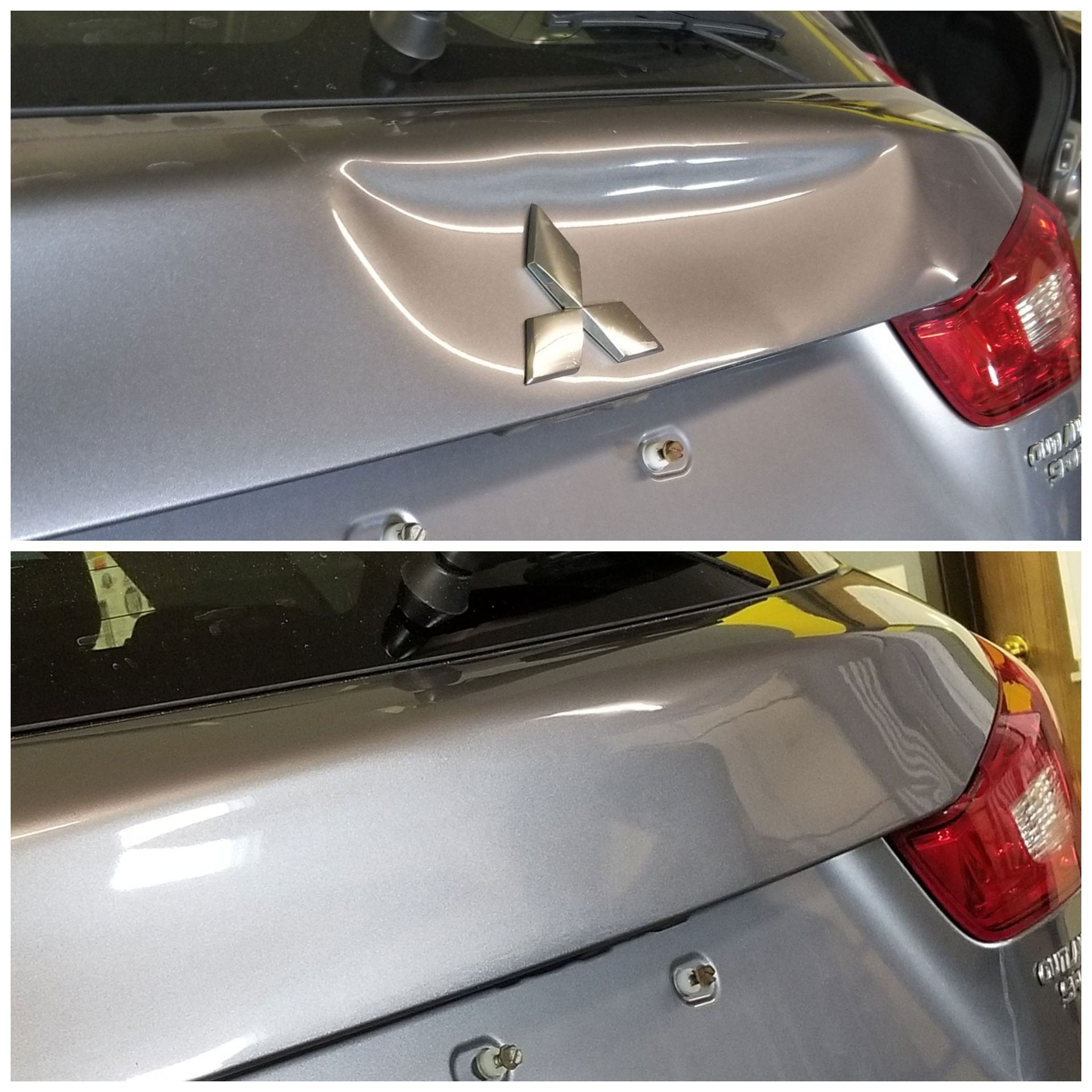Car trunk lid dent repair comparison: damaged silver panel above, smooth repaired panel below.