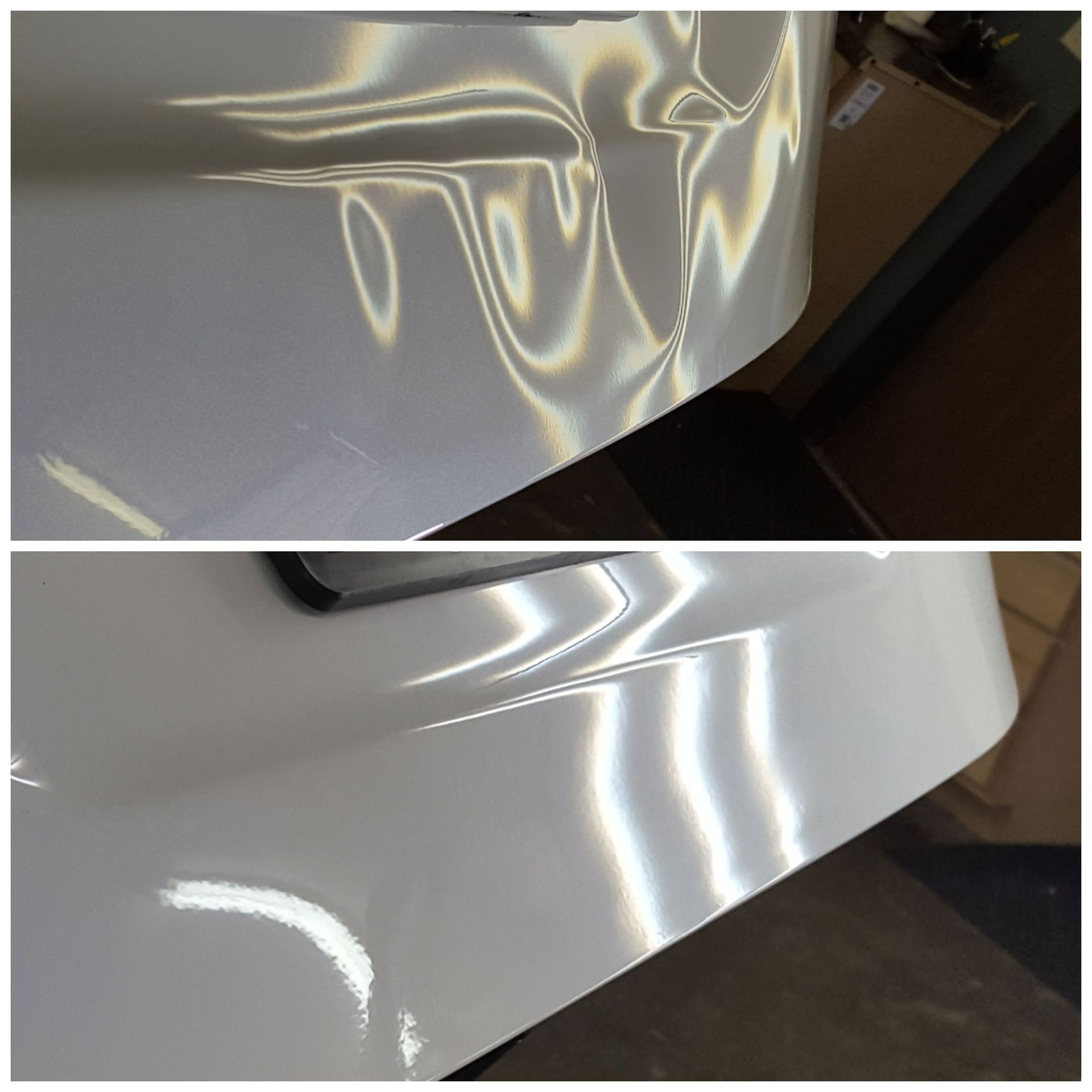 Two close-up views of a white car panel with visible dents and ripples in the paint.