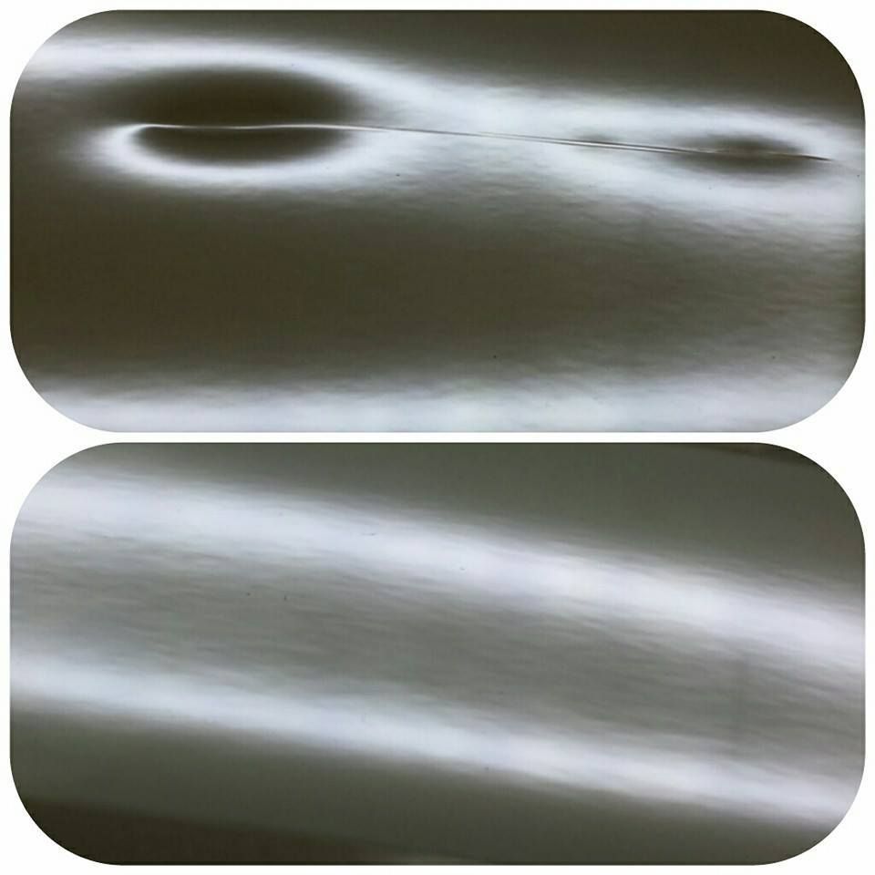 Two close-up grayscale views of a smooth, reflective curved surface with soft highlights and shadows