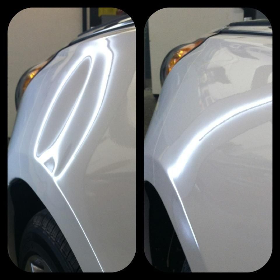 Side-by-side close-up of a white car’s front fender showing a dent and a repaired surface.