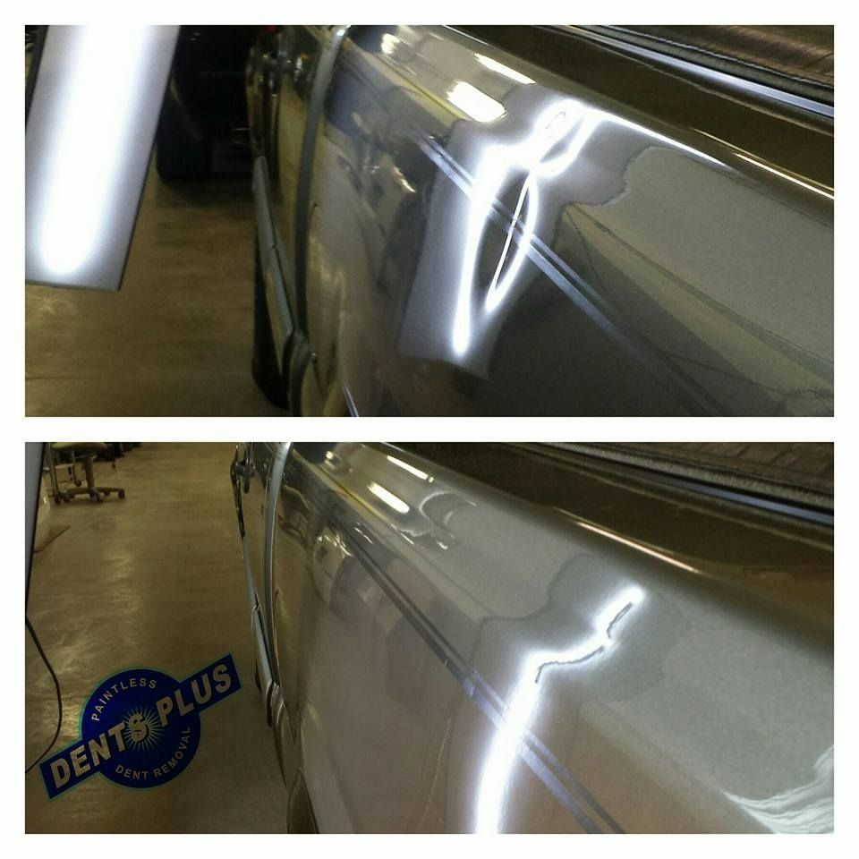 Before-and-after close-up of a car panel showing glossy paint scratch repair and reflection.