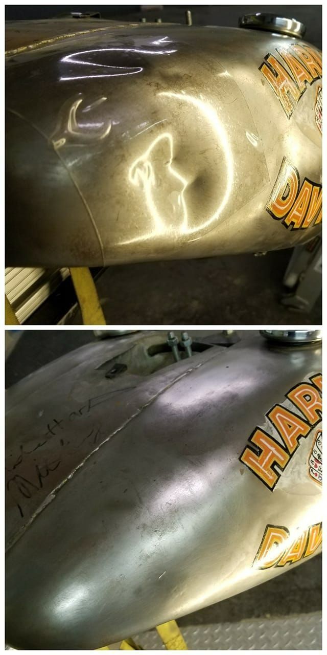 Chrome motorcycle tank with a bright reflection in the top view and a dull scratched surface below