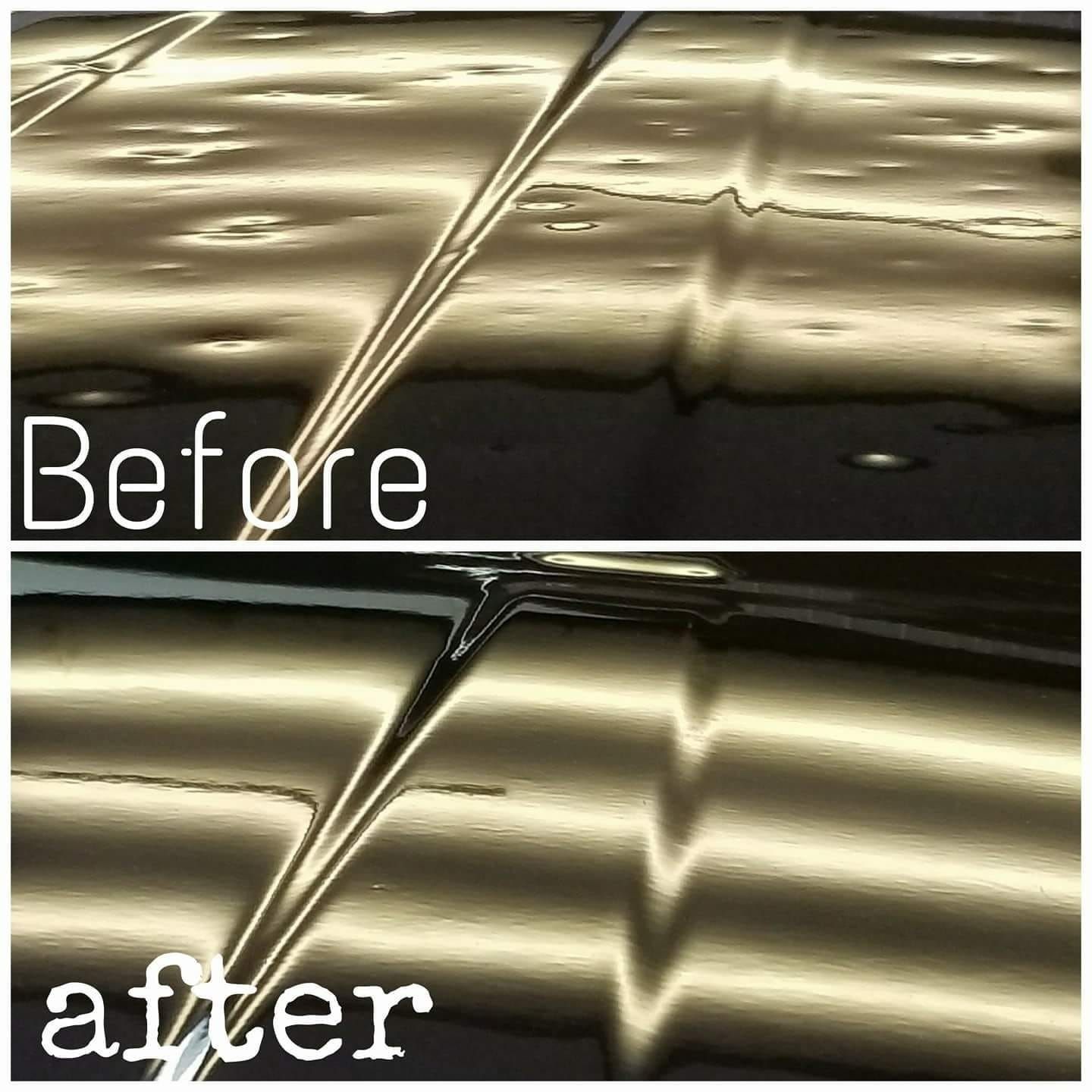 Before-and-after comparison of a gold car hood, showing paint scratches and smoother finish.