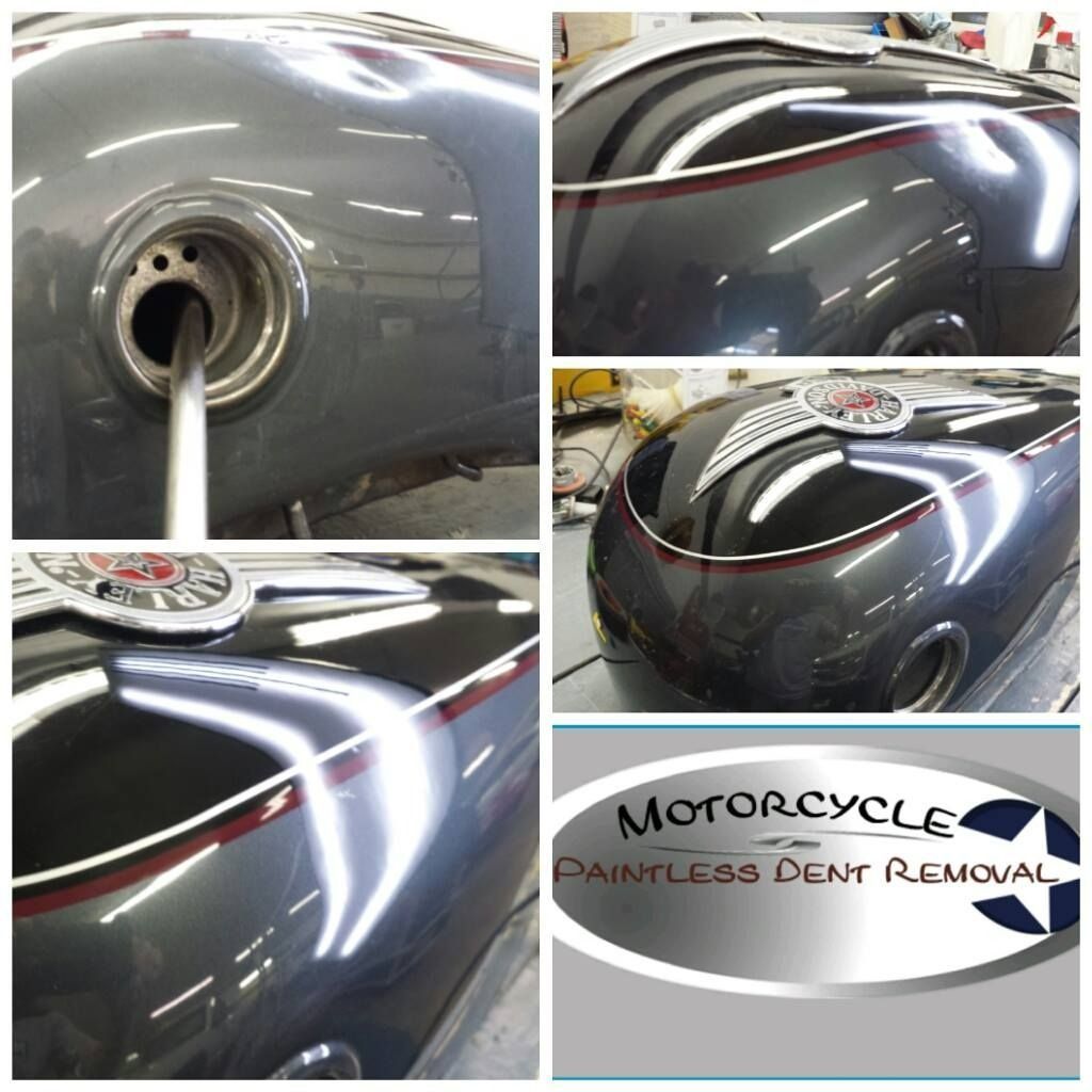 Collage of gray motorcycle fuel tank paintless dent removal and glossy detailing close-ups