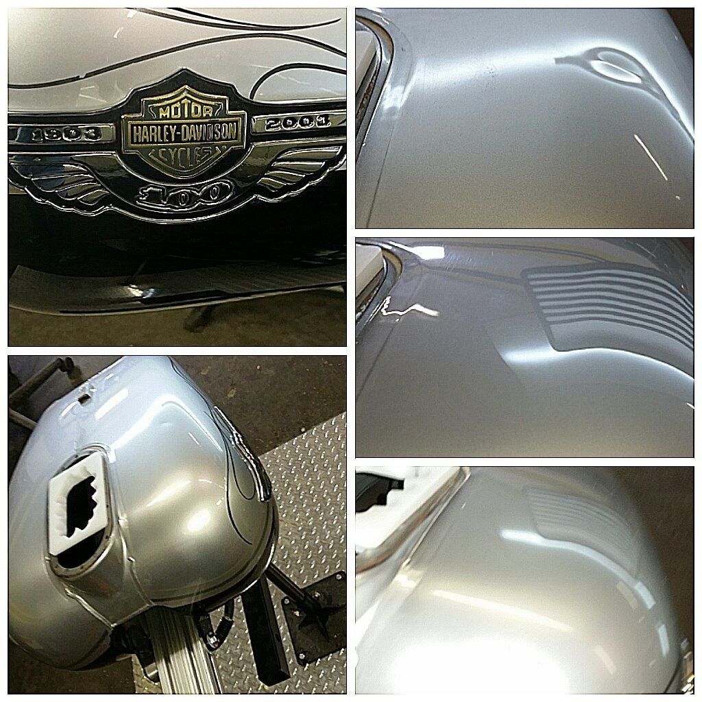 Collage of a silver Harley-Davidson motorcycle tank and emblem with close-up reflections and scratches
