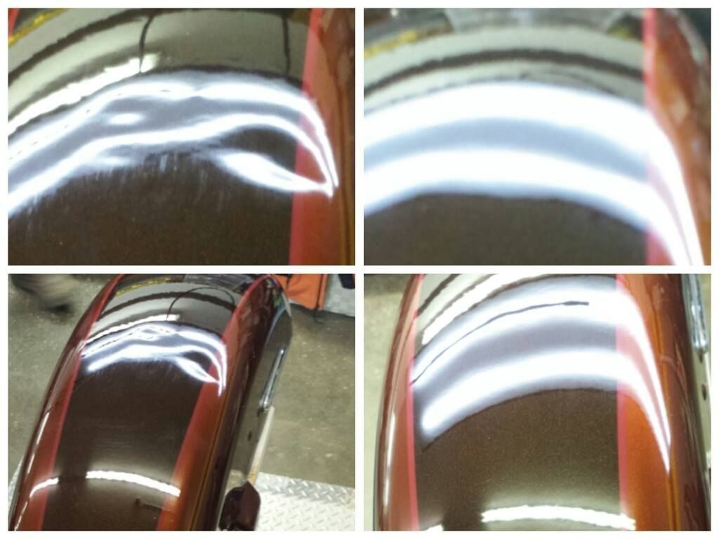 Four close-up car paint panels showing bright white light reflections on glossy red and brown surfaces