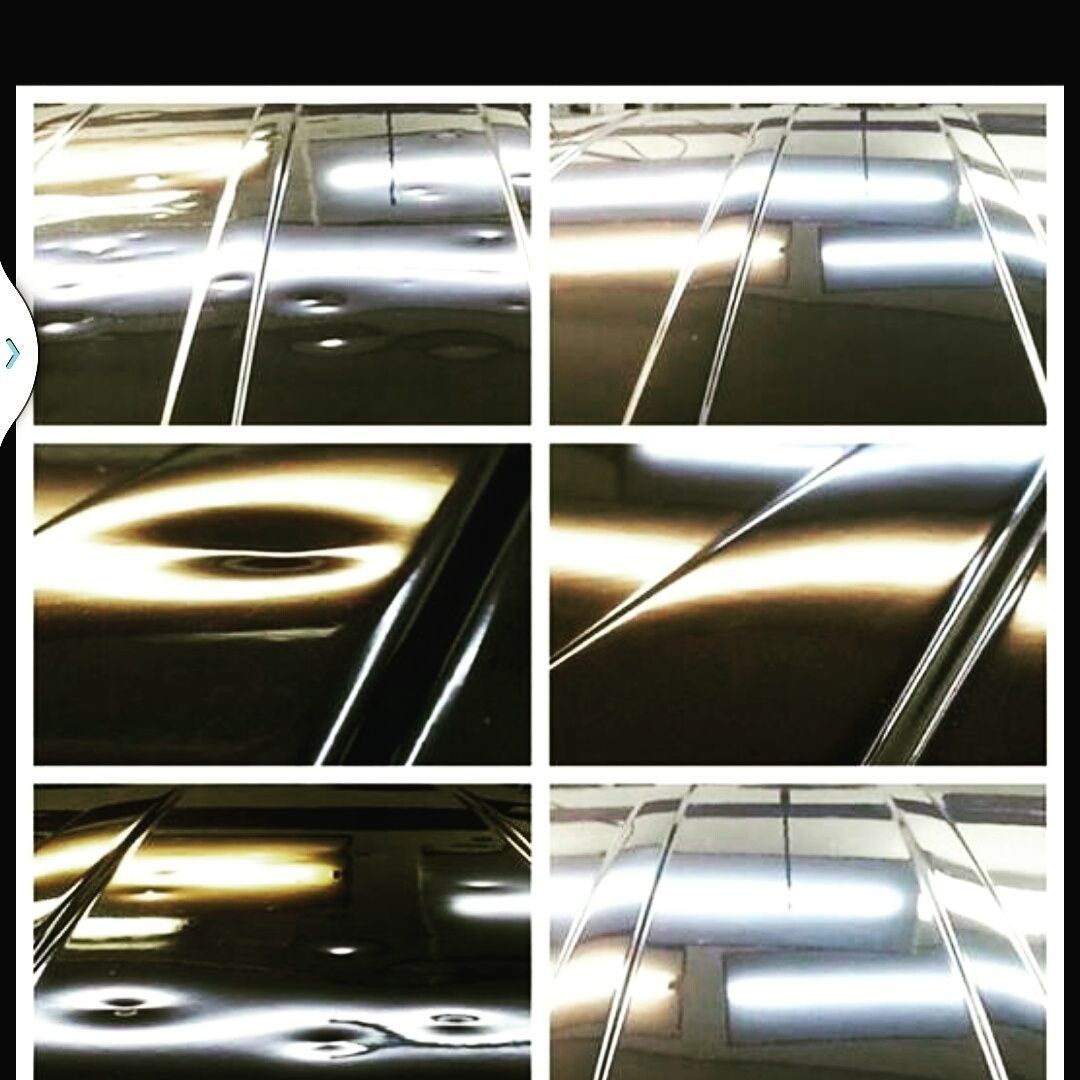 Abstract collage of glossy car roof reflections with bright white and gold light streaks