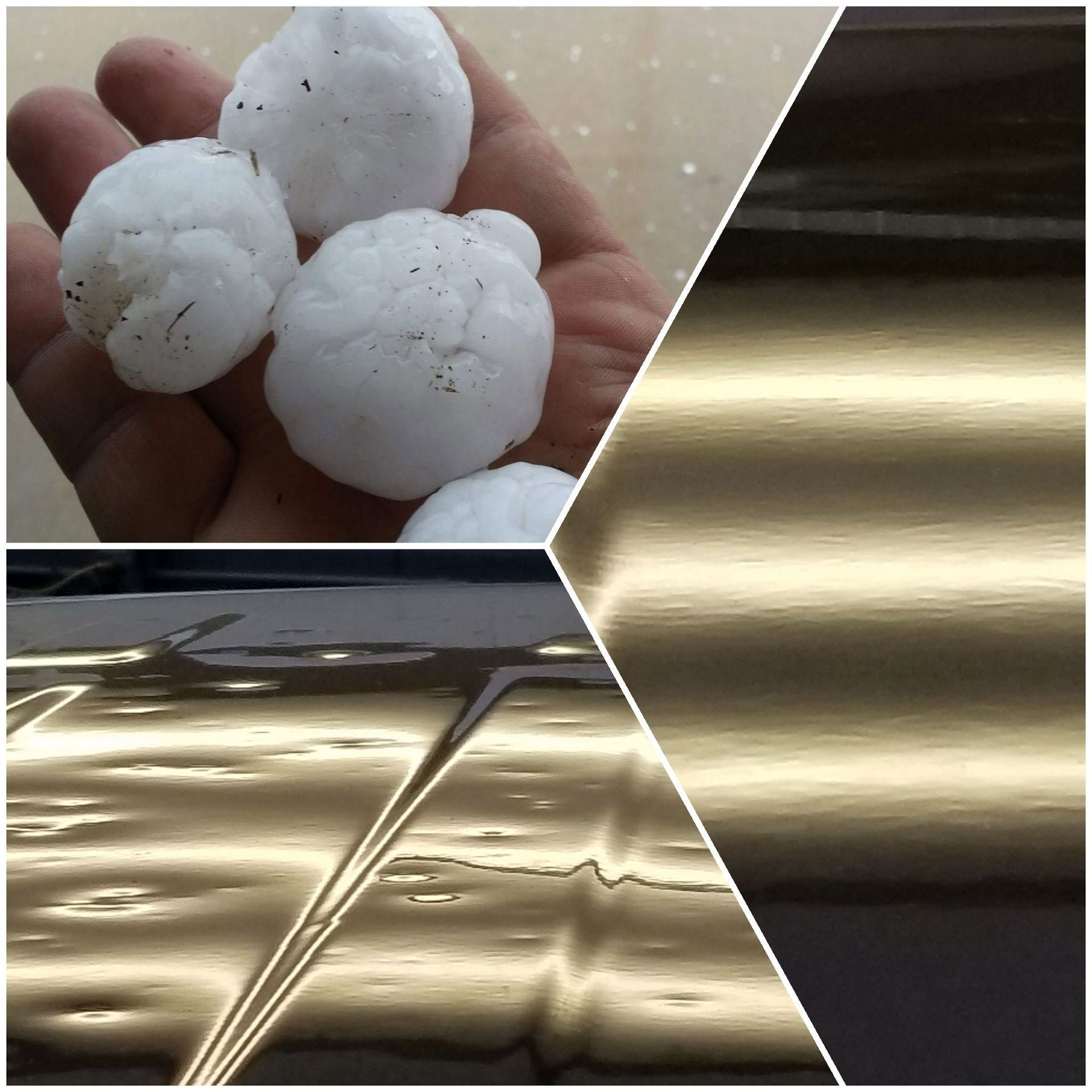 Split image of white hailstones in hand and shiny gold fabric with folds and sheen