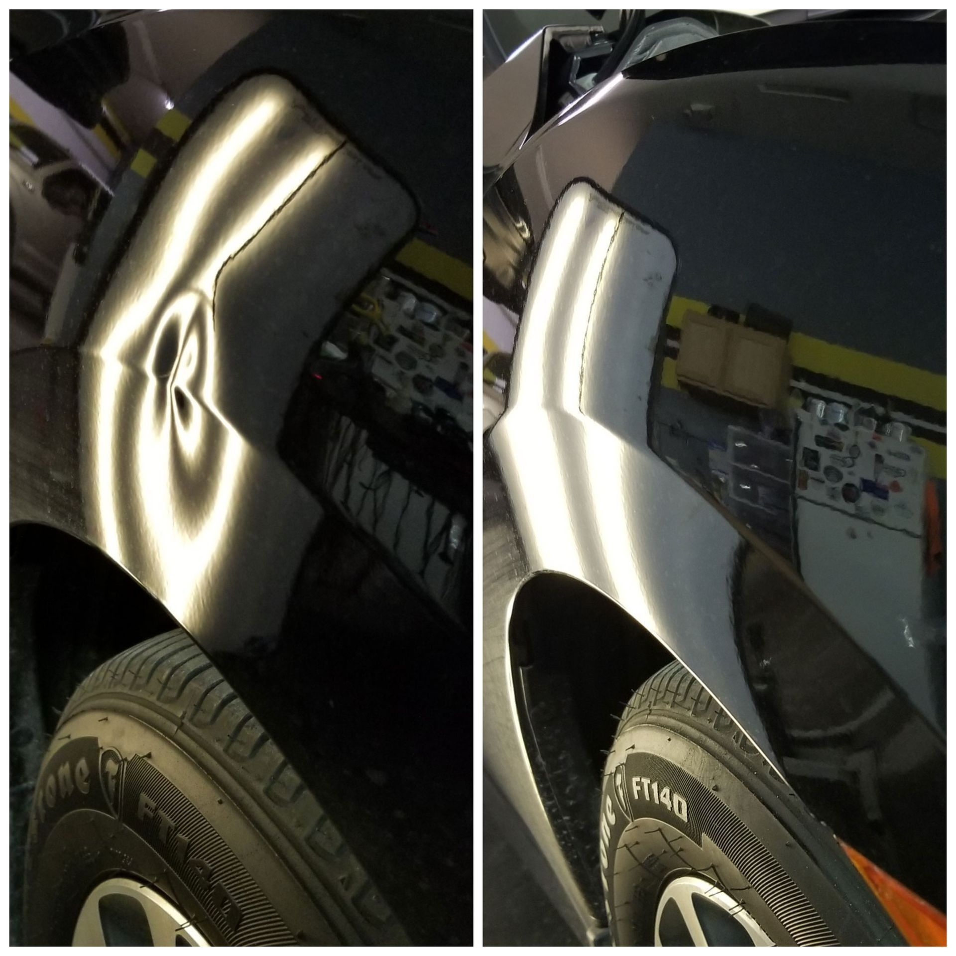 Damaged silver car fender with deep dent and scratch near the wheel, shown in two close-up views