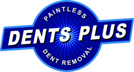 Blue and white Dents Plus logo with &ldquo;Paintless Dent Removal&rdquo; text