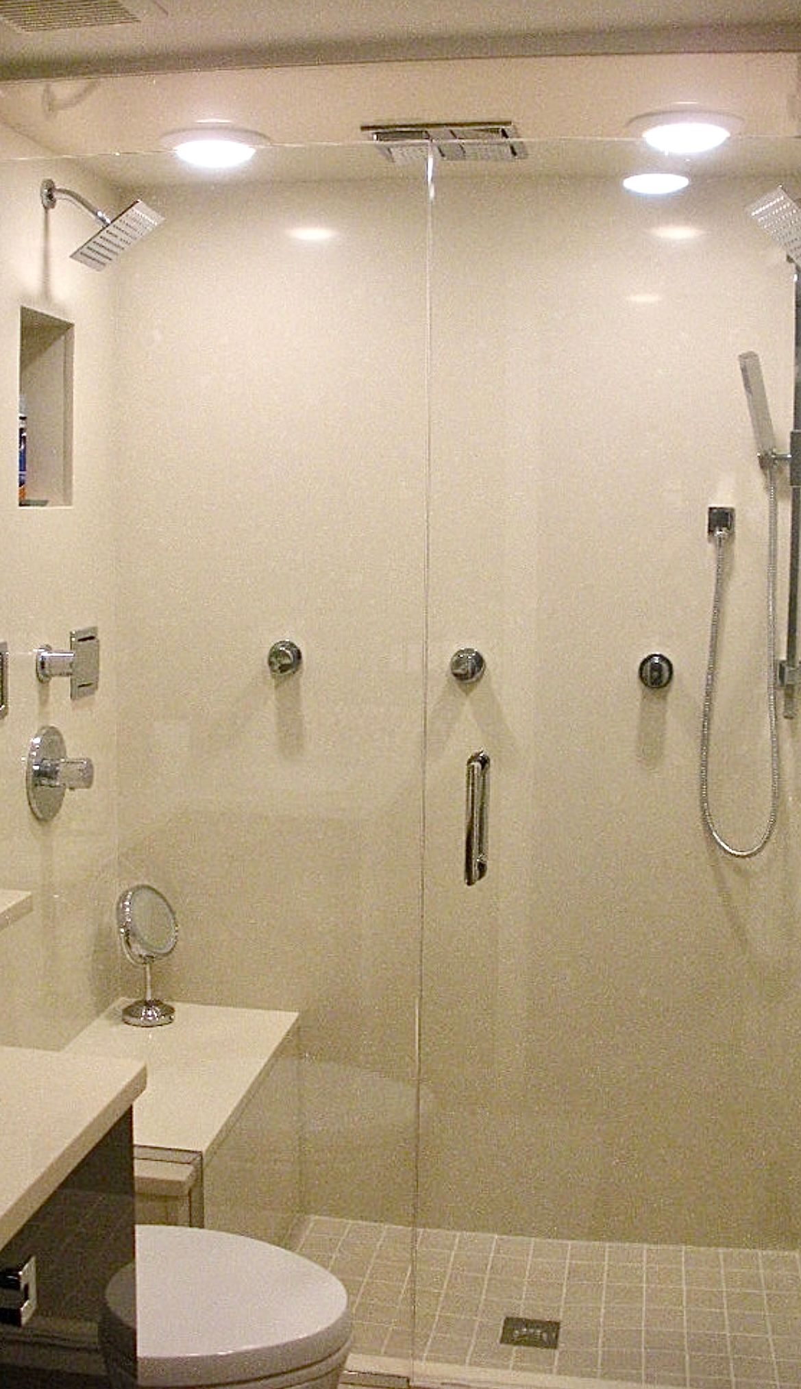A bathroom with a toilet and a shower with a glass door.