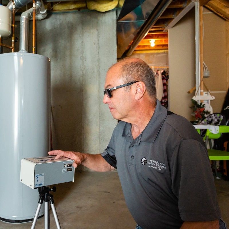 Man in sunglasses adjusting a small device on a tripod in a basement utility room