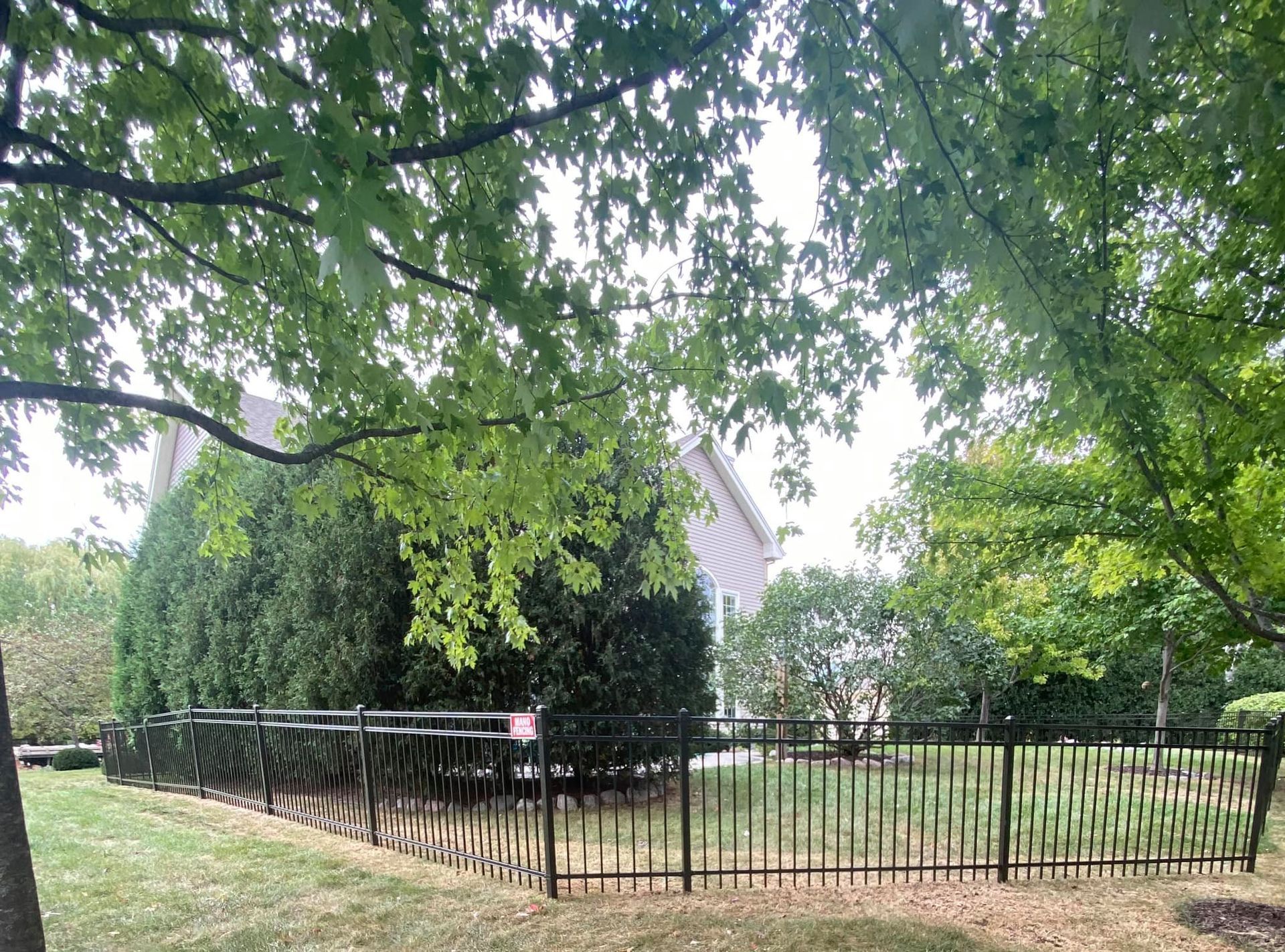 A dark metal fence curves around a manicured hedge in front of a house, framed by green trees on a grassy lawn.
