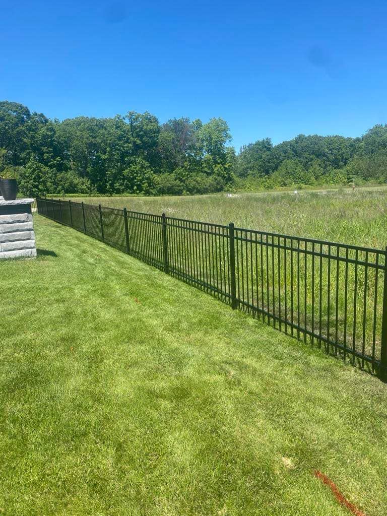 A black metal fence stretches across a green lawn, bordering a grassy field under a clear blue sky.