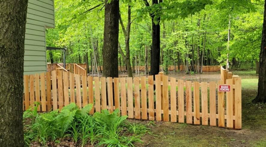 A wooden picket fence encloses a backyard garden area, set against a lush, green forest background.