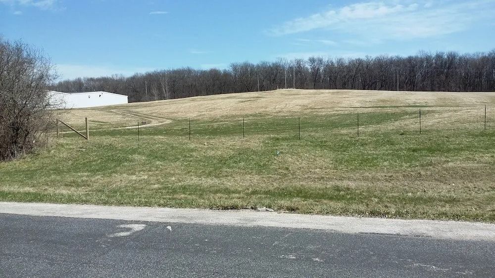 An asphalt road borders an open, grassy field with a distant white building and a treeline under a bright blue sky.