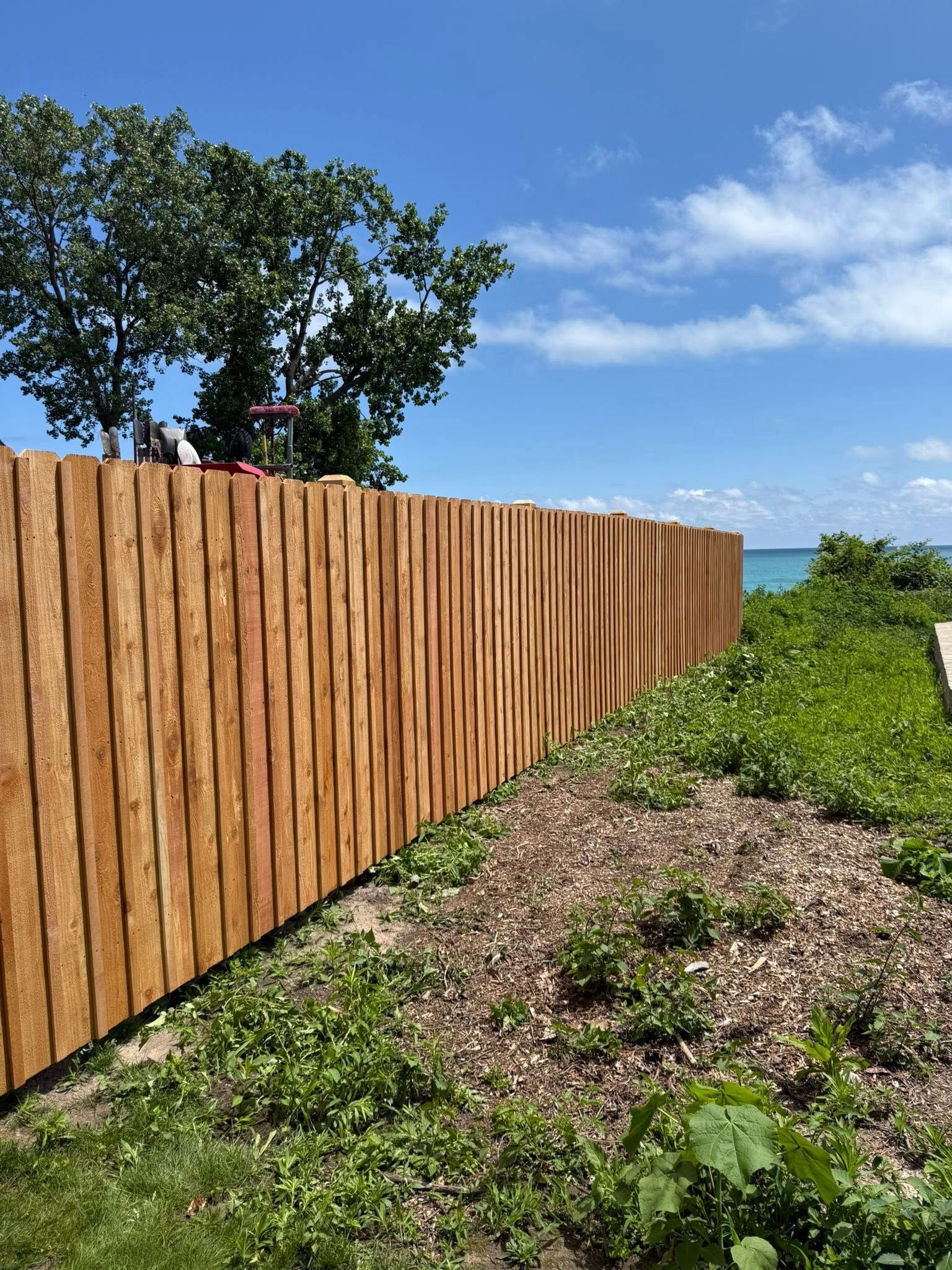 A tall, vertical wooden slat fence runs along a path with greenery, blue water, and a tree in the background.