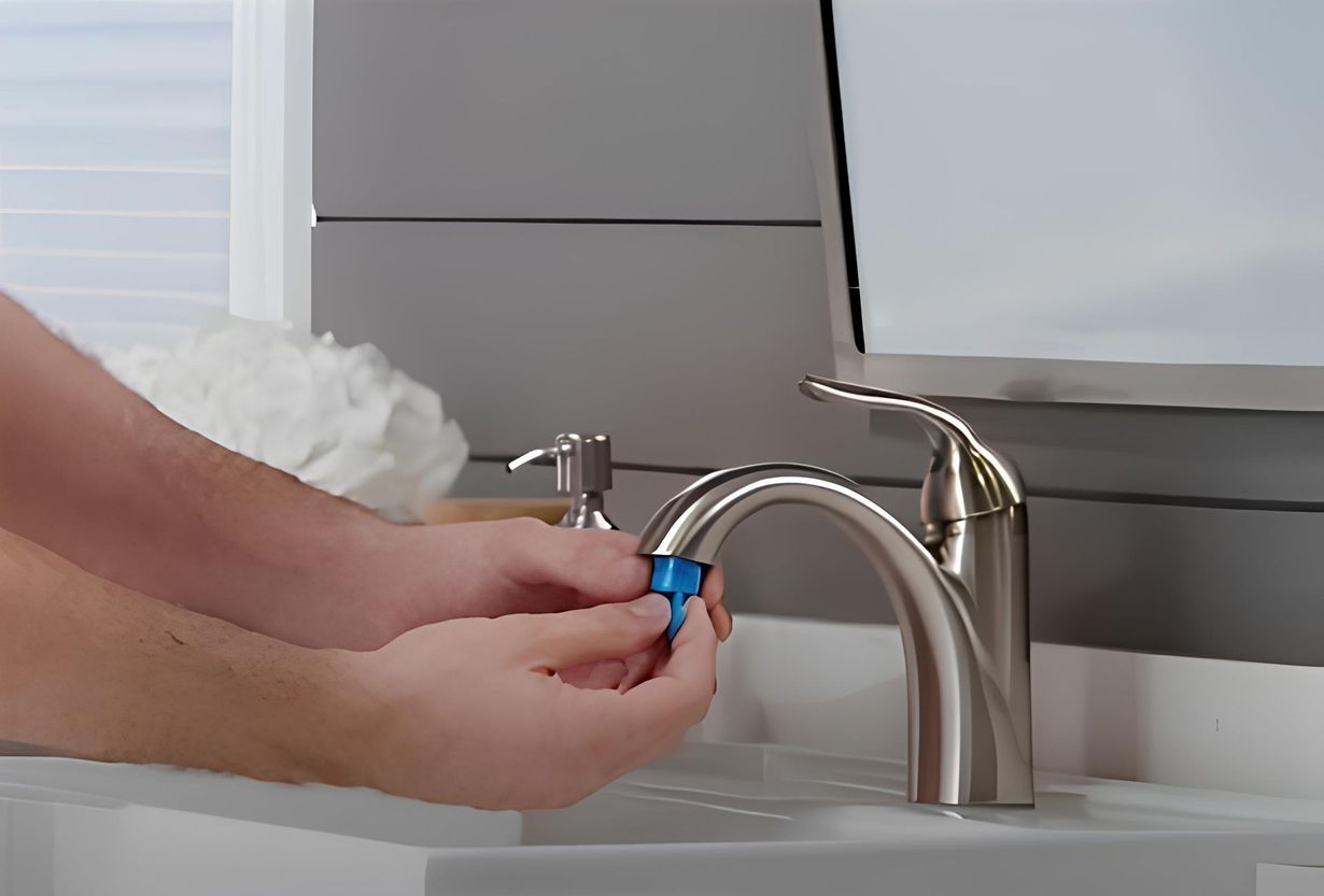 A stainless steel kitchen sink with plumbing tools: wrench, hoses, and a faucet, in a bright kitchen.
