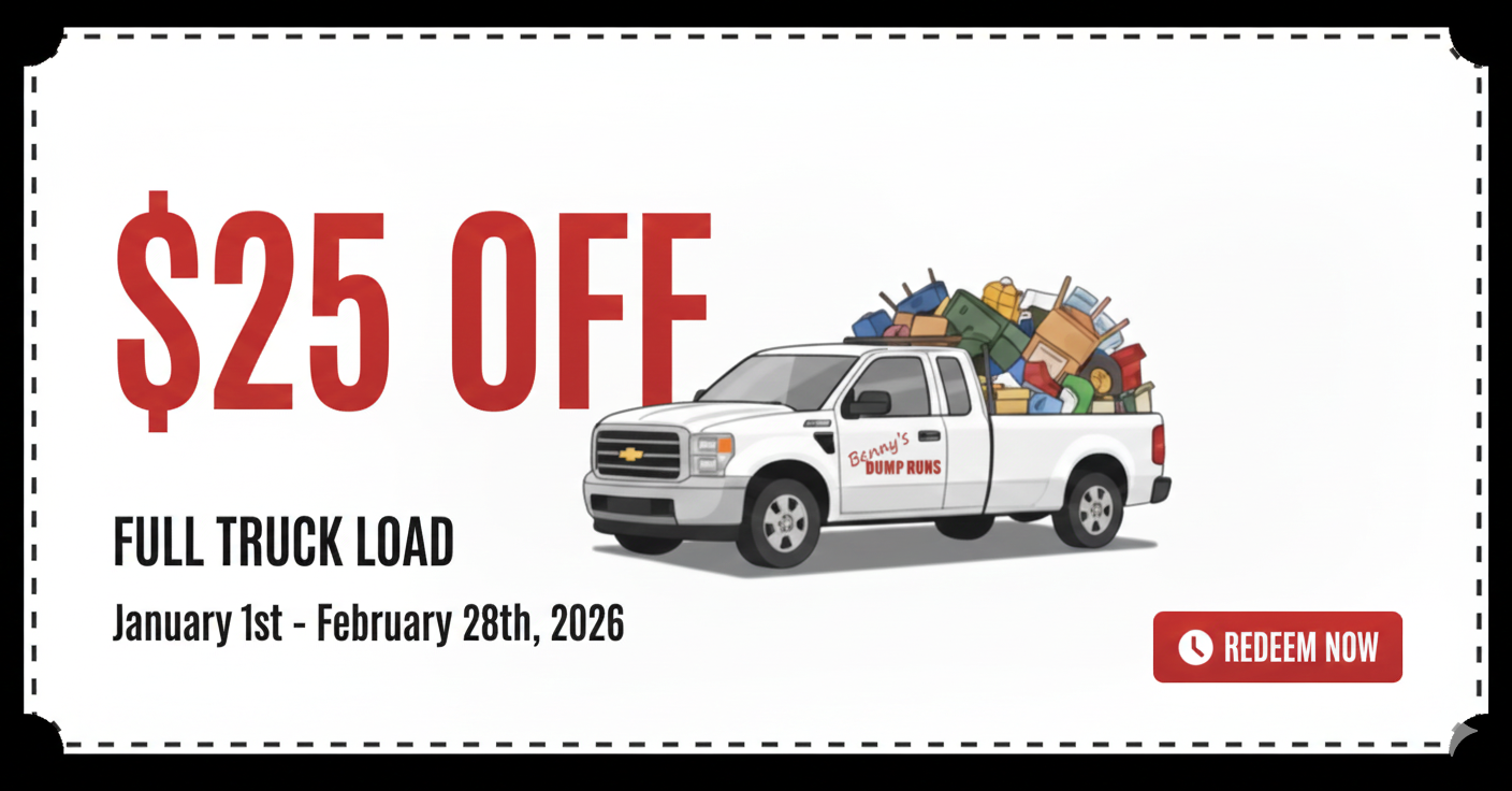 Coupon: $25 off full truck load, valid January 1st - February 28th, 2026. Includes white truck with full load.
