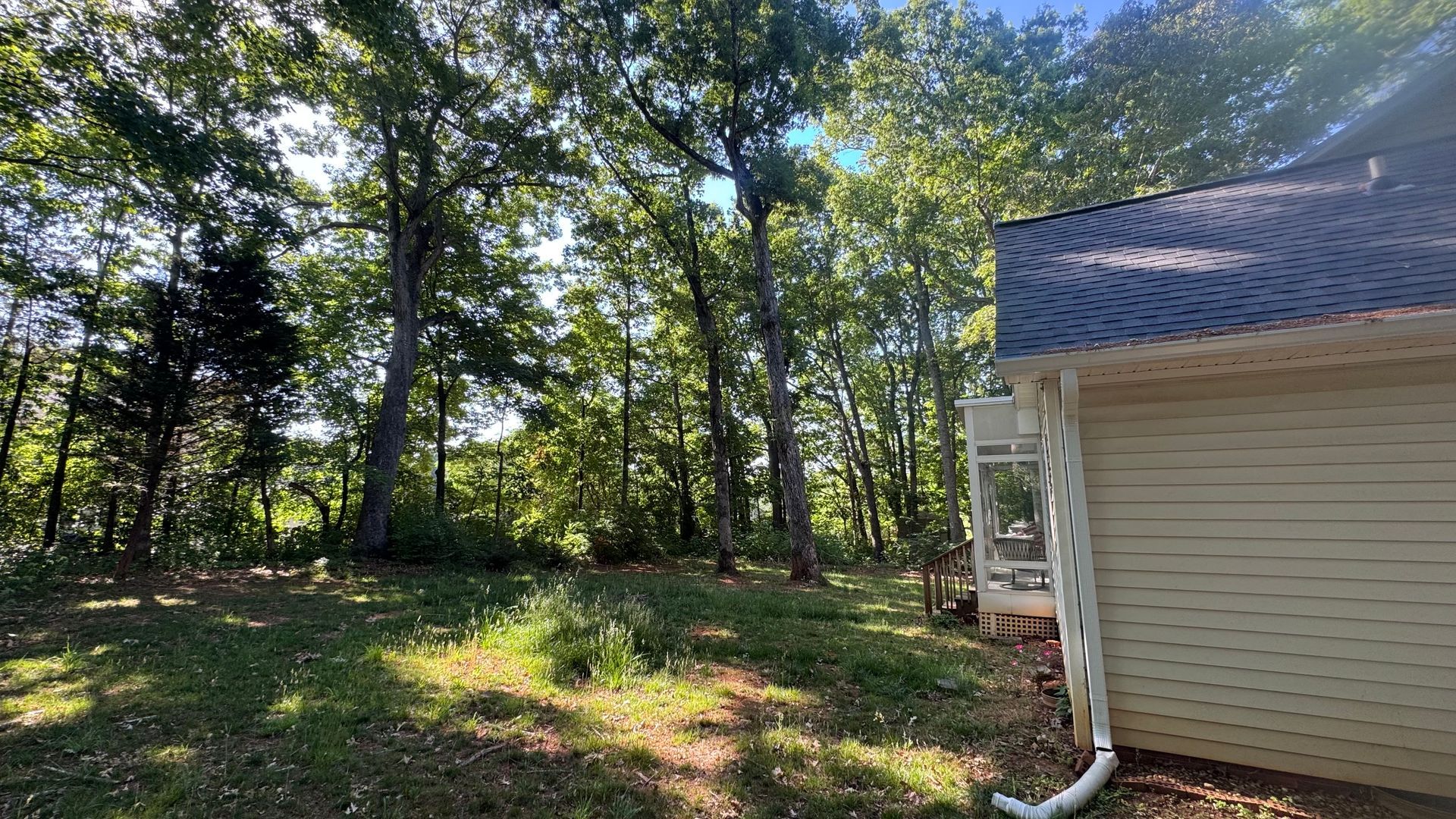 Backyard with trees and grass beside a house with beige siding and a dark roof.