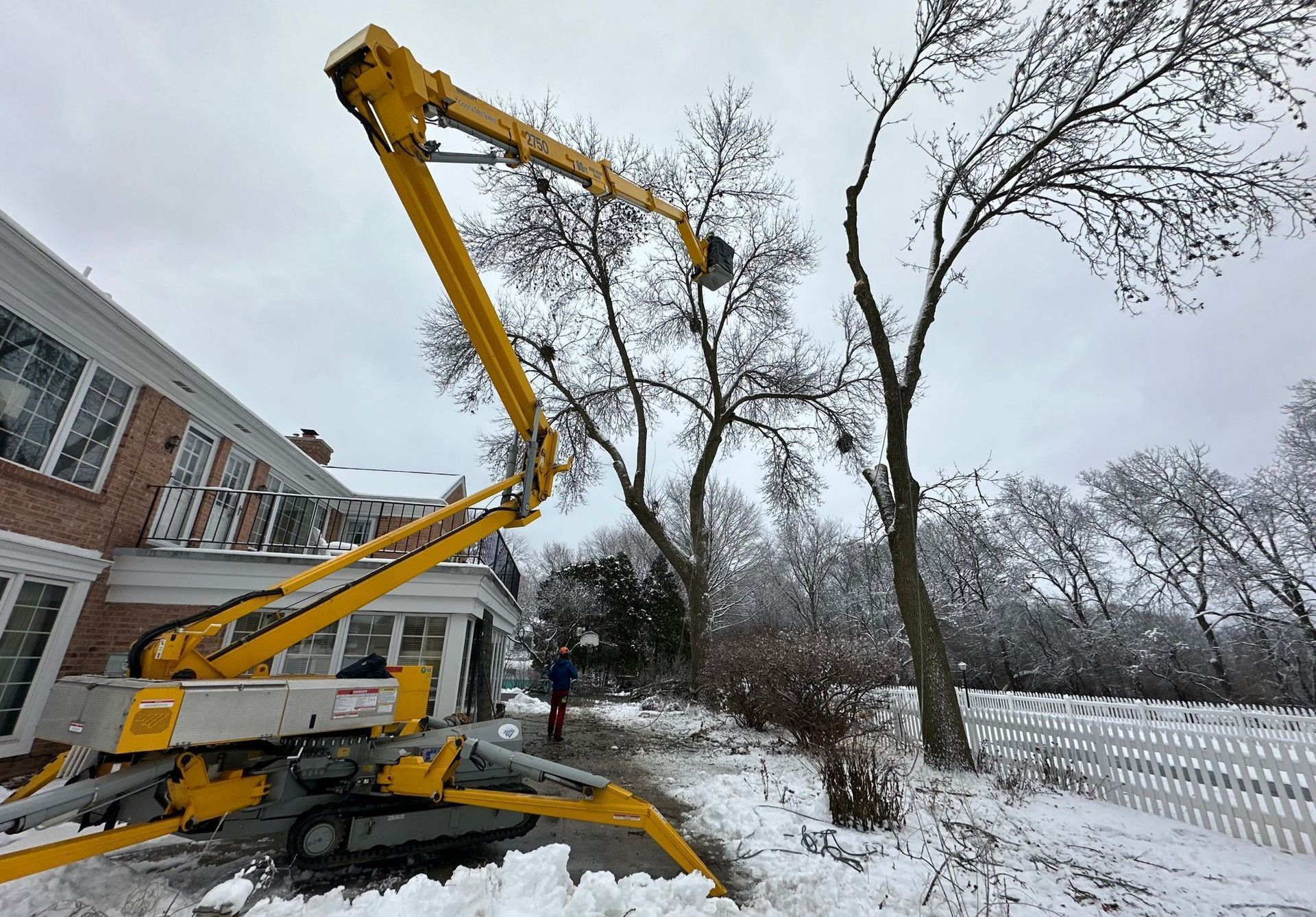 Yellow lift trimming bare trees near a brick building in a snowy yard.