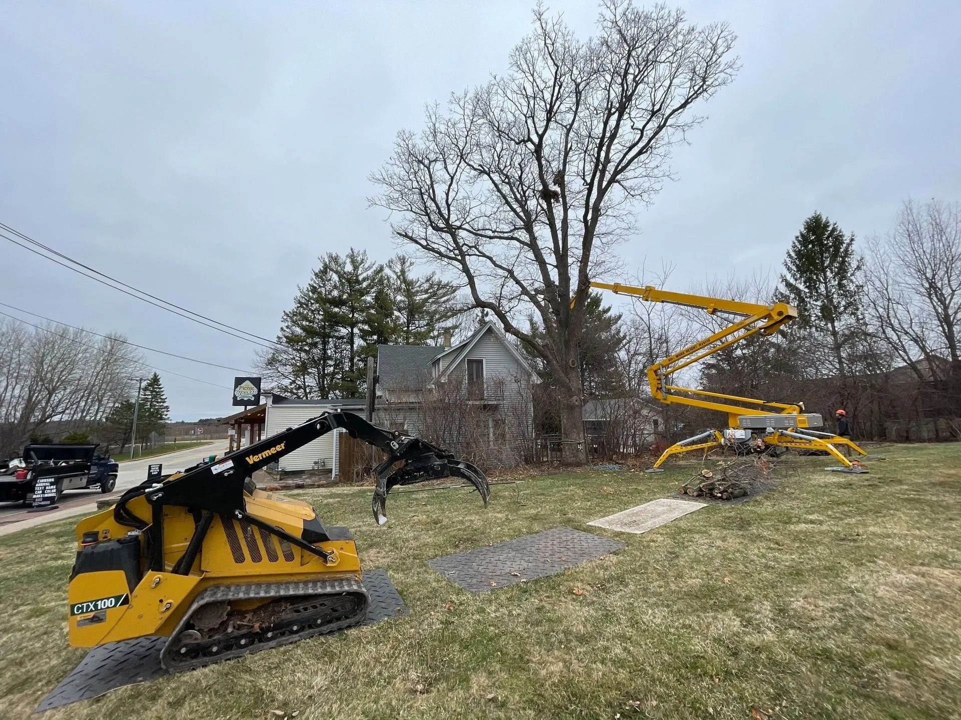 Yellow robotic machines trimming a tree, one with a claw-like arm and another with a lift, in front of a house.
