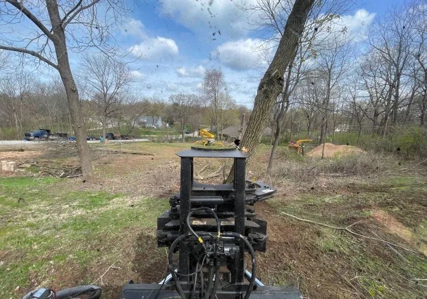 View from a machine's cab while a tree is being trimmed in a grassy area with houses and other trees in the background.
