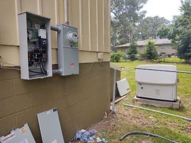 Open electrical panels on a building wall beside a white generator and scattered debris on the ground